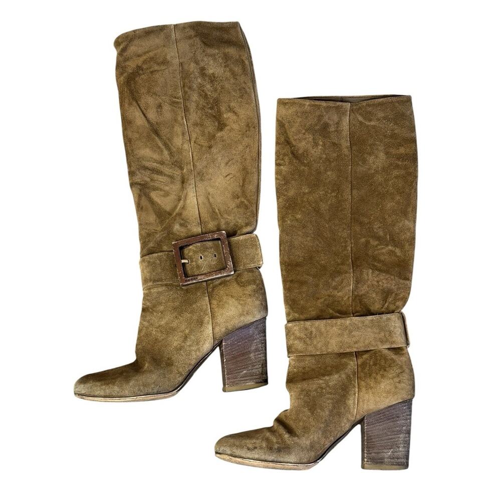 Vintage GUCCI Brown Suede Knee High Boots Wooden Buckle Block Heel Italy Size 38